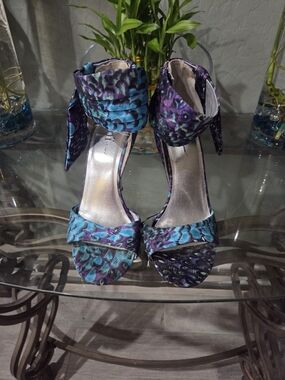 Shi by JOURNEYS Teal & Purple Ankle-Tie Peep-Toe Heels